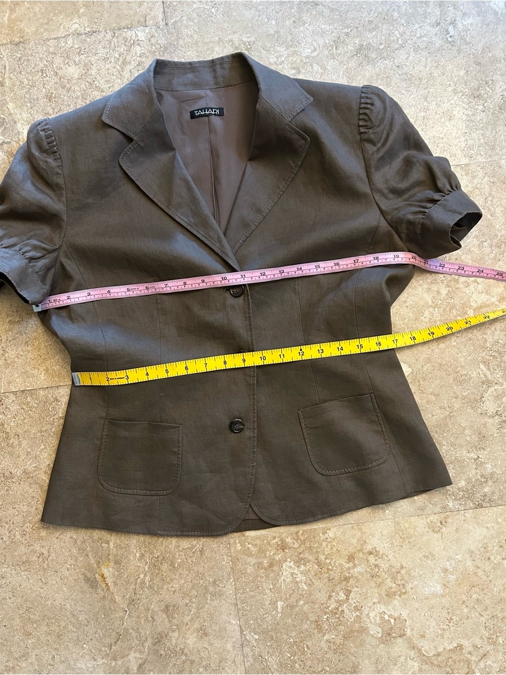 Tahari Olive/Brown Java(Neutral)Short-Sleeve Notch-Lapel Stitching Design Blazer - Picture 15 of 16